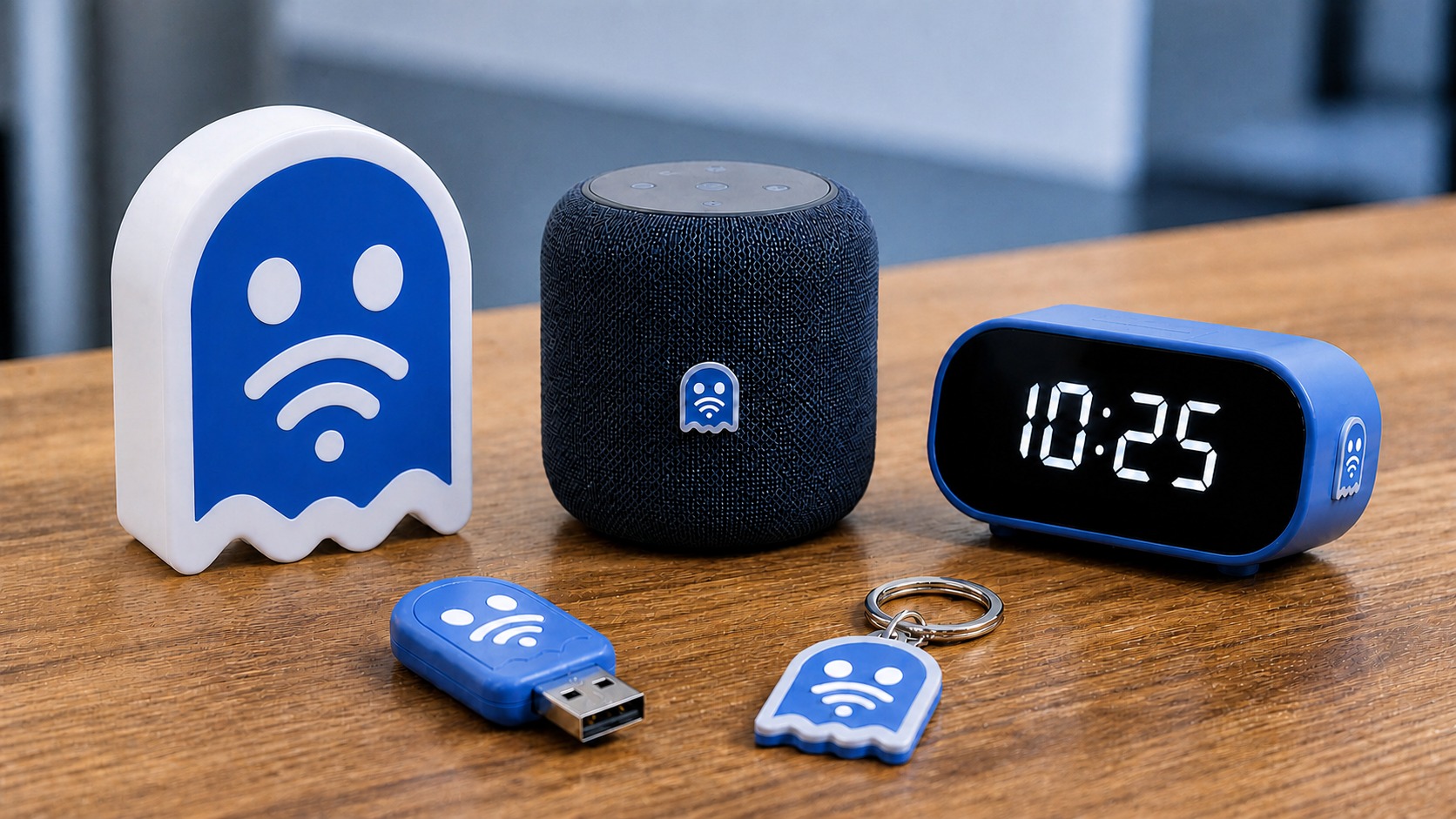 ESPectre smart lamp, speaker, alarm clock, USB drive, and keychain arranged casually on a desk.