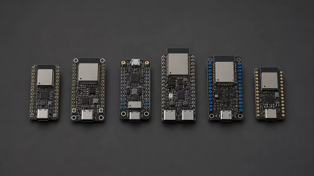 Six ESP32 development boards arranged in a row
