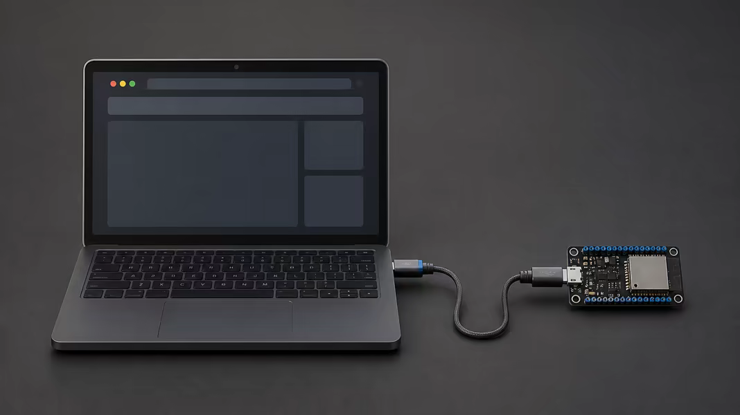 An ESP32 board connected to a laptop for browser flashing