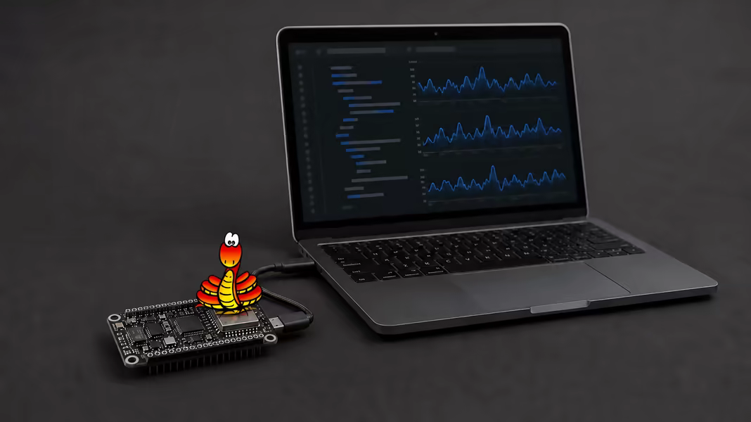 A Python snake mascot perched on an Espressif board connected to a laptop displaying CSI traces