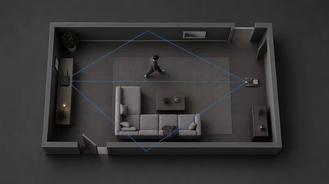 Top-down room showing a router, an ESP32, a walking person, and reflected Wi-Fi paths