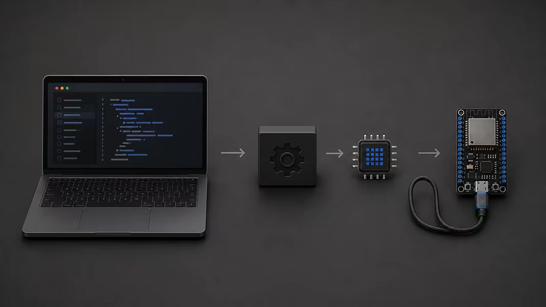 A laptop, build step, processor, and ESP32 arranged as an SDK firmware pipeline