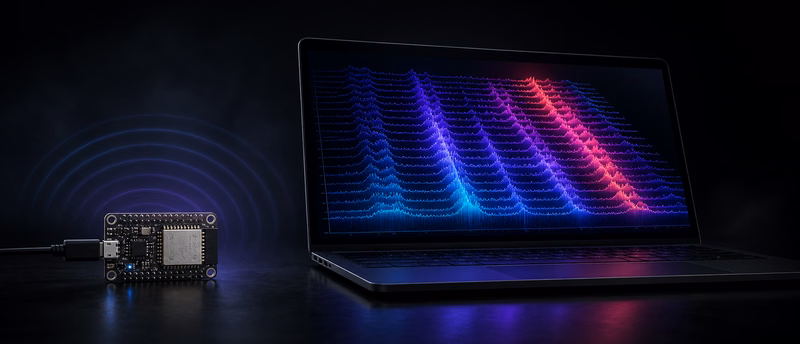 ESP32-C3 beside a laptop displaying a CSI amplitude surface